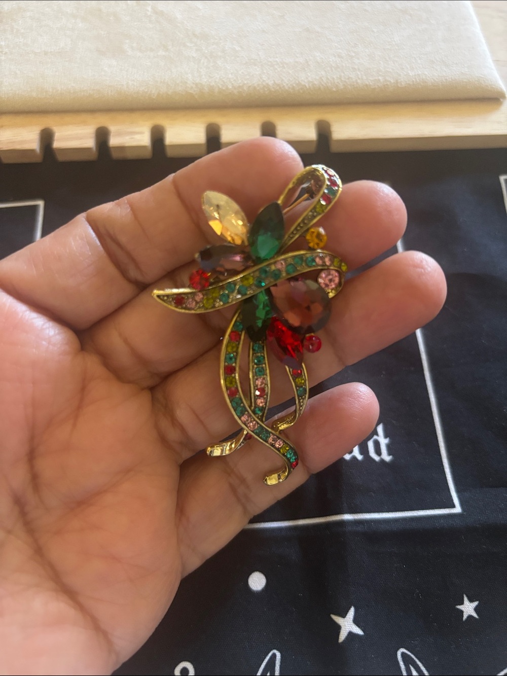 Gold-Tone Multicolor Crystal Ribbon Brooch - Vibrant Floral Accent